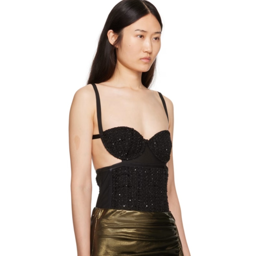 “GCDS” Bangon Sequin Tweed & Mesh Bustier Bodysuit - Picture 3 of 16